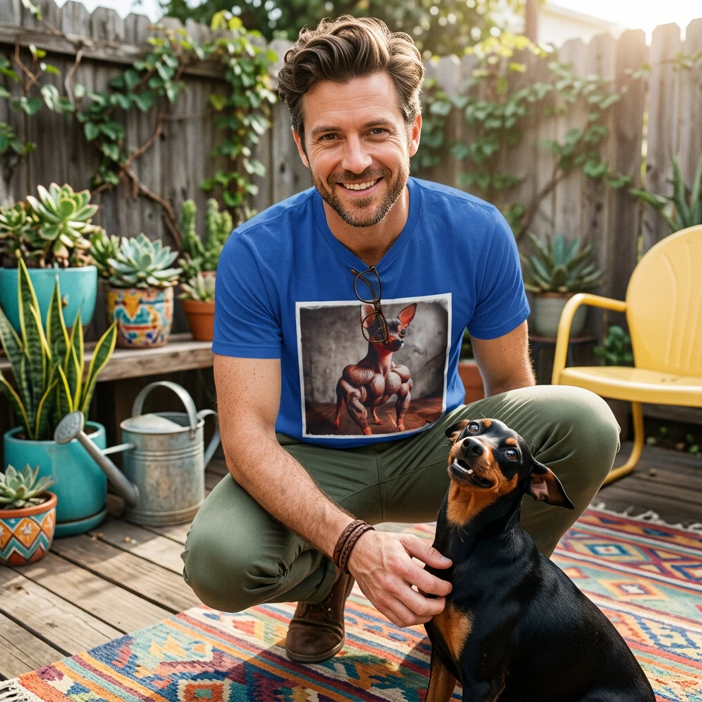 Min Pin T-Shirt tiny muscle man T-Shirt Printify