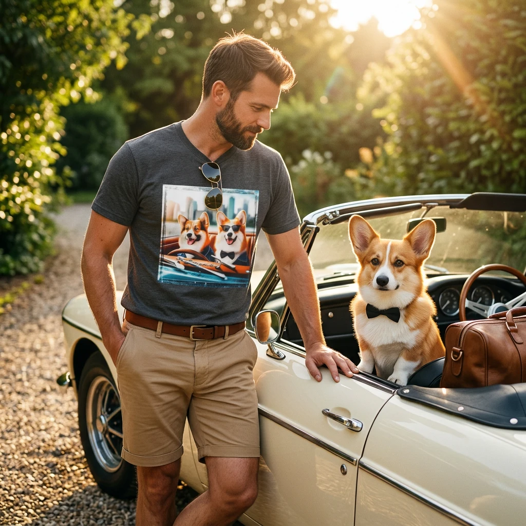 Wacky Pembroke Welsh Corgi couple driving T-Shirt Printify