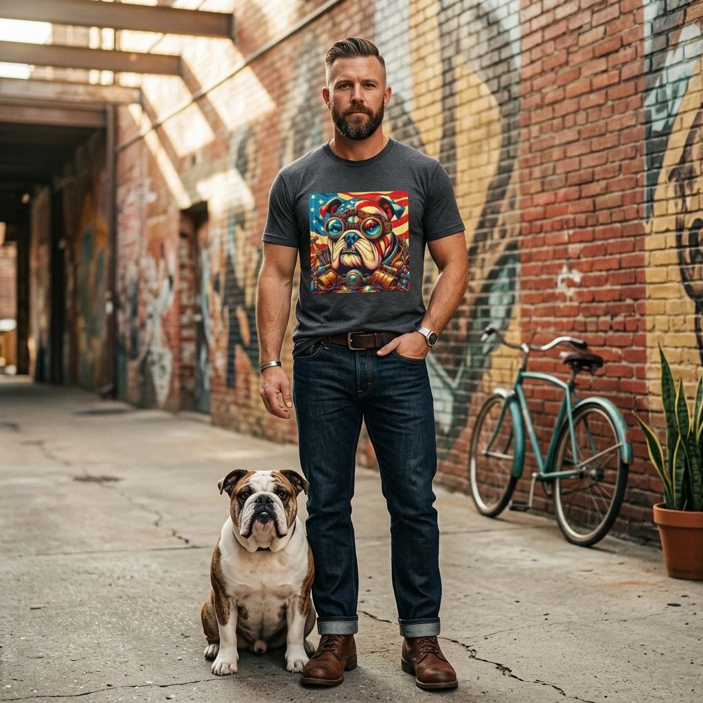 Steampunk Bulldog American Flag Design Shirt For Men Women Patriotic English Bulldog Artwork Tee T-Shirt Printify