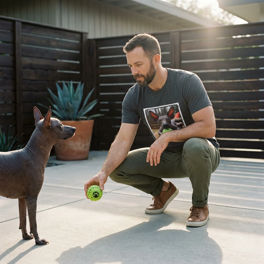 Mexican Hairless Dog playing ball T-Shirt Printify
