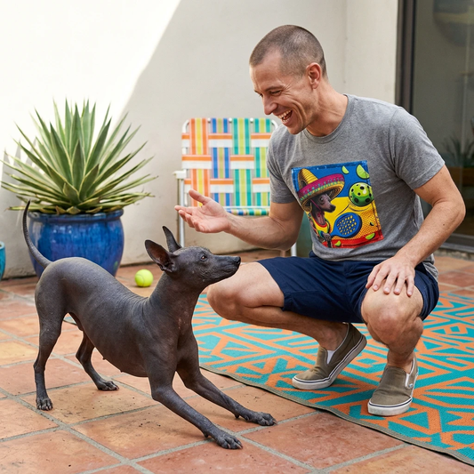 Wacky Mexican Hairless Dog tennis playing T-Shirt Printify