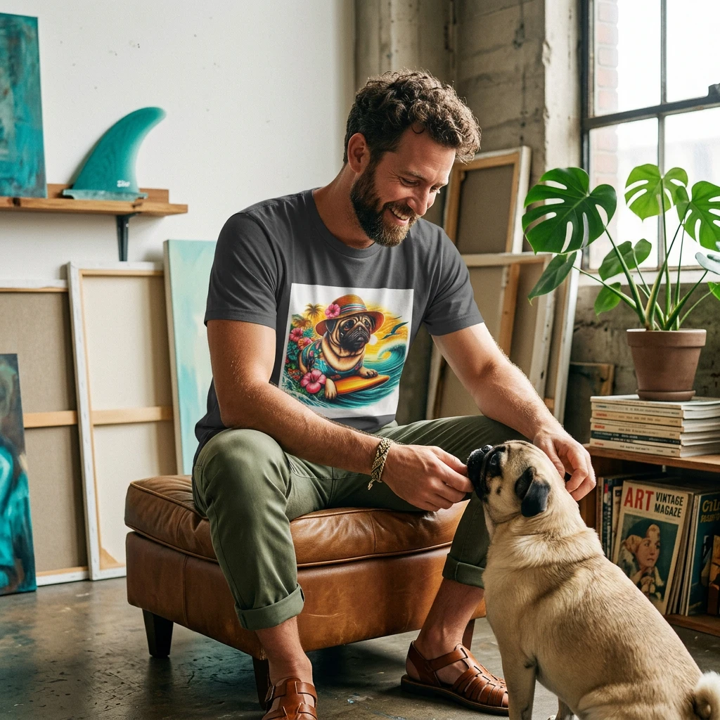 Surfer Pug T-Shirt T-Shirt Printify
