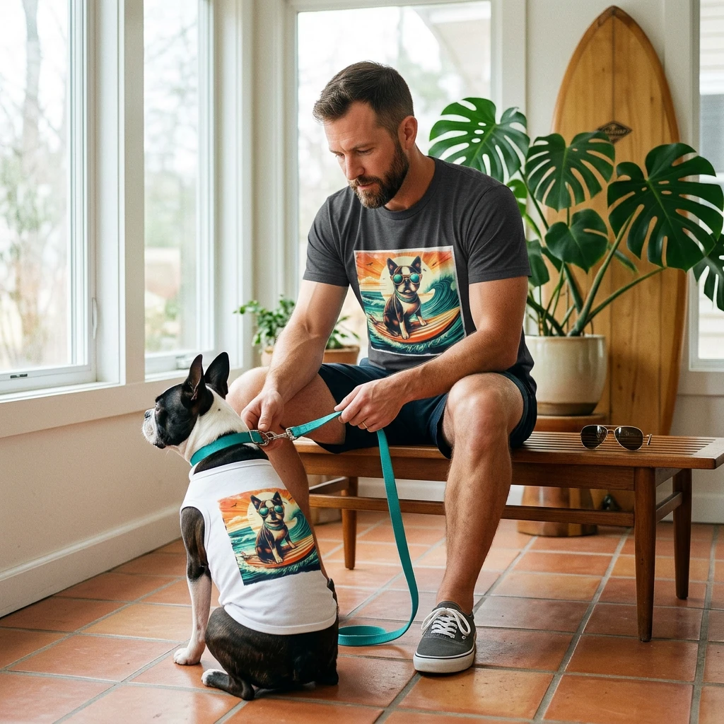 Sunset Surfer Boston Terrier Dog T Shirt For Beach Lovers And Surf Enthusiasts Perfect Summer Wardrobe T-Shirt Printify