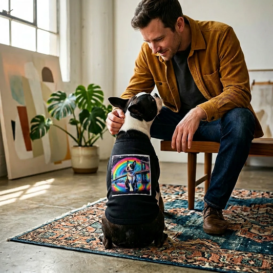Pet Tank Top Boston Terrier Dog Sitting By Rainbow Bridge Memorial Shirt For Pet Lovers Pets Printify