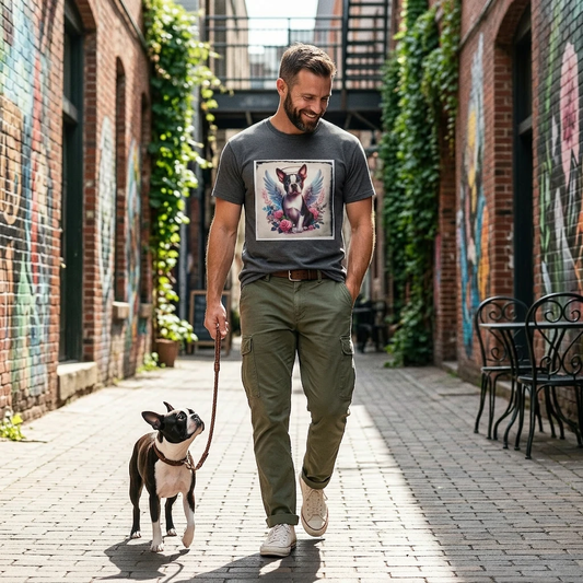 Boston Terrier Angel And Roses T Shirt For Dog Lovers Gift Premium Cotton Graphic Tee With Heartwarming Design T-Shirt Printify