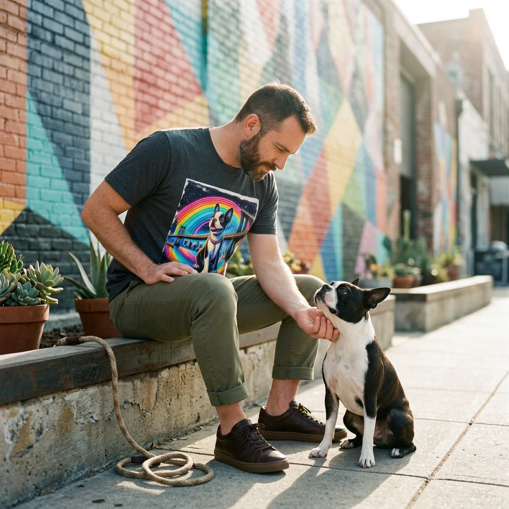 Boston Terrier Rainbow Bridge Graphic Tee For Dog Lovers Memorial Gift Unisex Cotton Shirt T-Shirt Printify