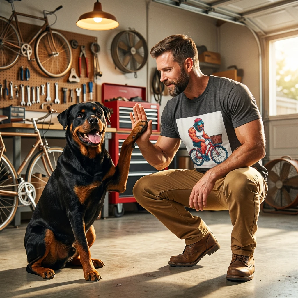Wacky Rottweiler bike rider T-Shirt Printify