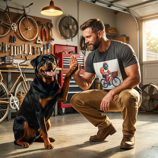 Wacky Rottweiler bike rider T-Shirt Printify