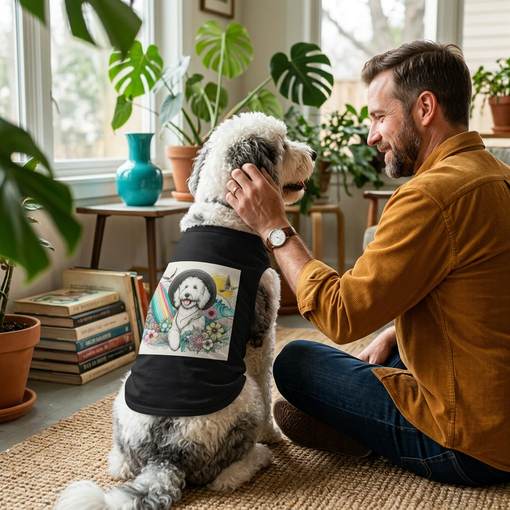 Pet Tank Top Sheepadoodle girl surfer Pets Printify