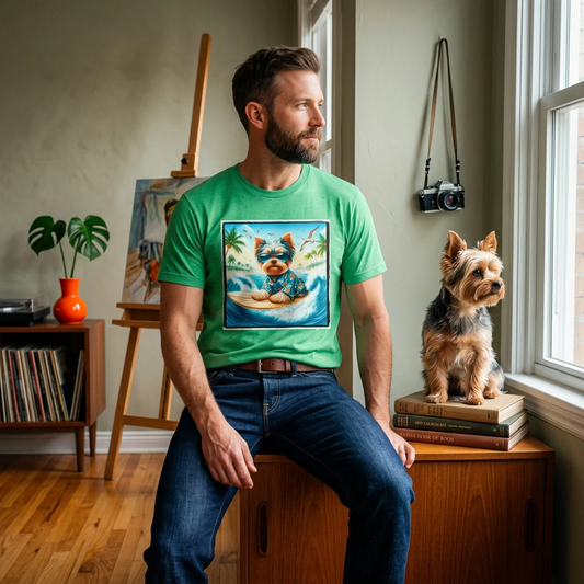 Yorkie surfing shirt T-Shirt Printify