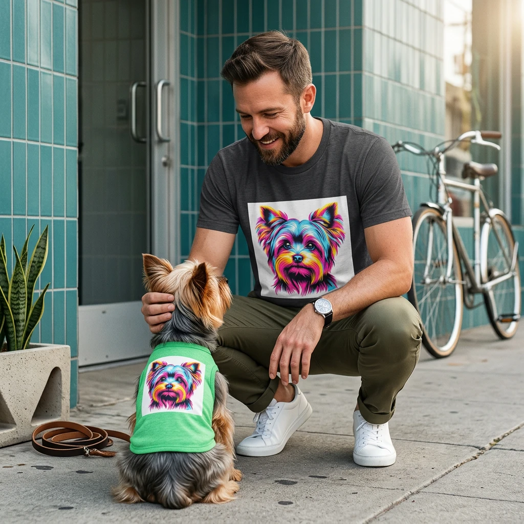 Yorkie pink and blue shirt T-Shirt Printify
