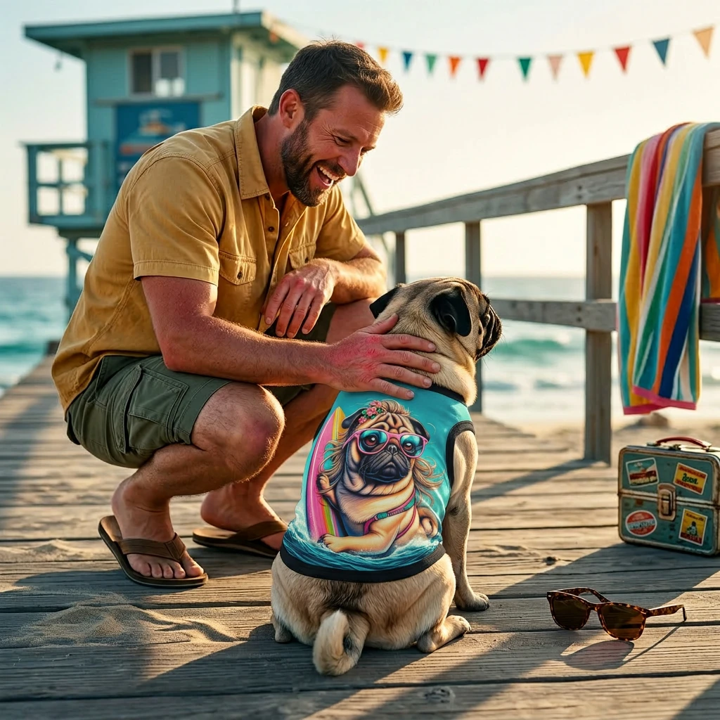 Pet Tank Top Pug surfer puppy Pets Printify