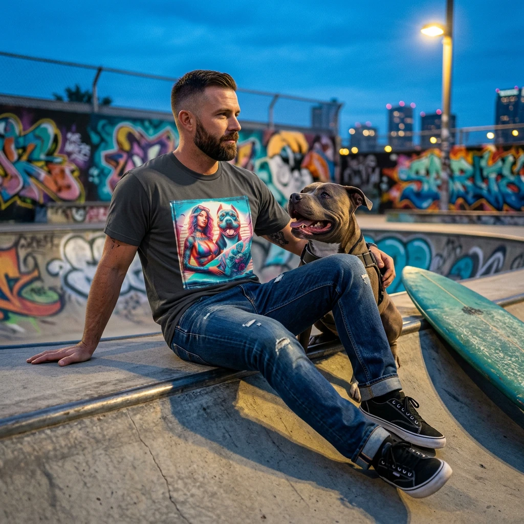Pit Bull surfer and girl T-Shirt Printify