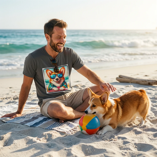 Pembroke Welsh Corgi fun at the beach T-Shirt Printify