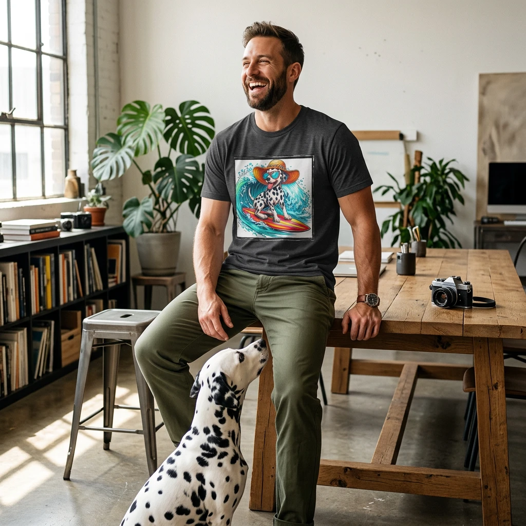 Dalmatian Surf Day T Shirt For Dog Lovers With Iconic Spots And Firehouse Mascot Theme T-Shirt Printify