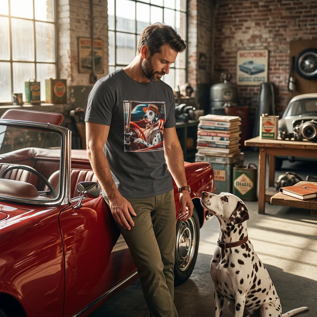 Dalmatian Driving T Shirt For Dog Lovers With Iconic Spots And Firehouse Mascot Design T-Shirt Printify