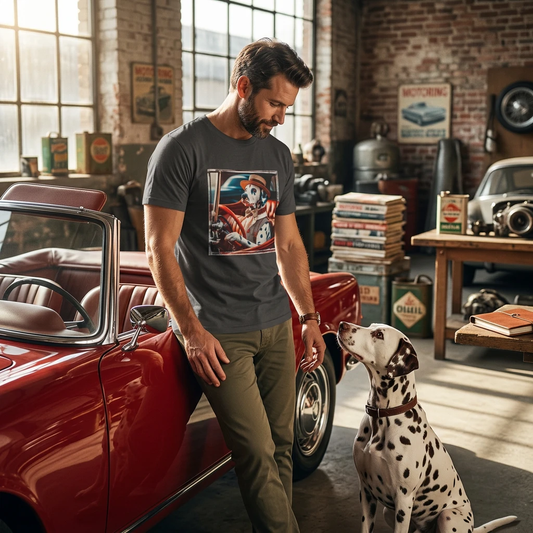 Dalmatian Driving T Shirt For Dog Lovers With Iconic Spots And Firehouse Mascot Design T-Shirt Printify