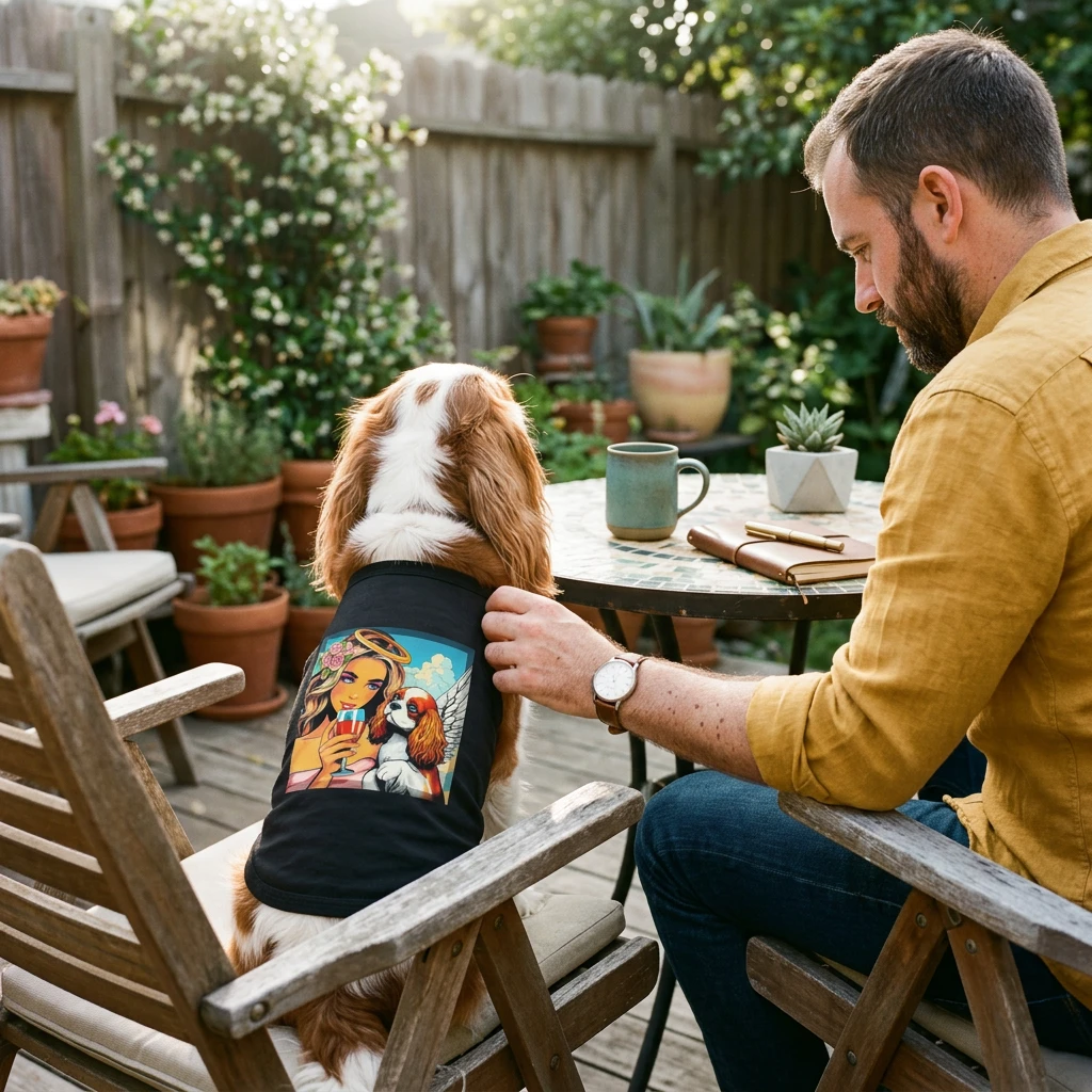 Pet Tank Top Cavalier King Charles Spaniel Angel Sipping Wine Graphic Tee For Dogs Pets Printify