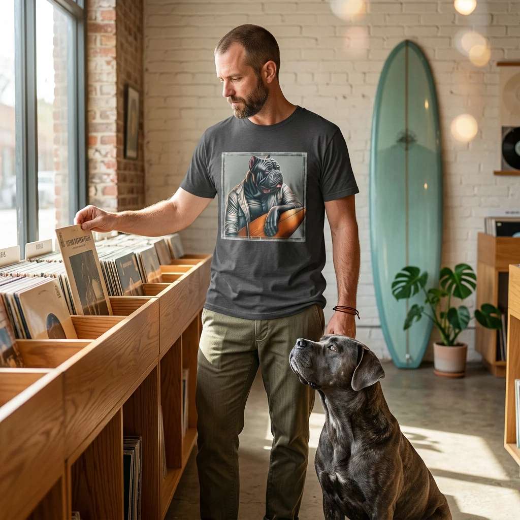 Cane Corso Dog Wearing Jacket And Holding Surfboard Graphic Tee For Dog Lovers Gift Novel Design T-Shirt Printify