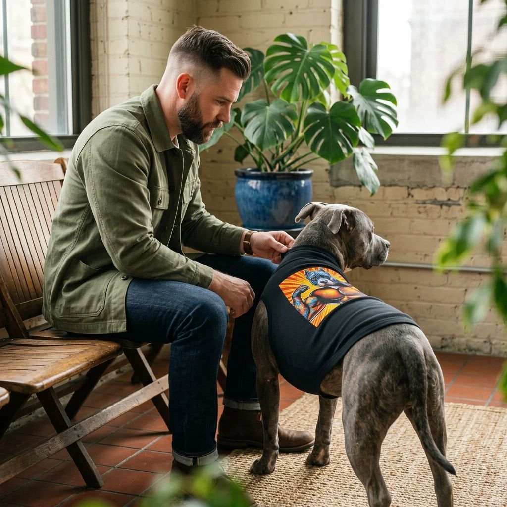 Pet Tank Top Pit Bull arm flexing Pets Printify