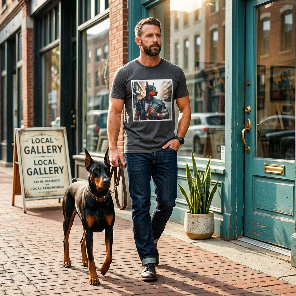 Doberman Tough Guy Graphic Tee Soft Cotton Unisex Durable Comfortable Everyday Wear T-Shirt Printify