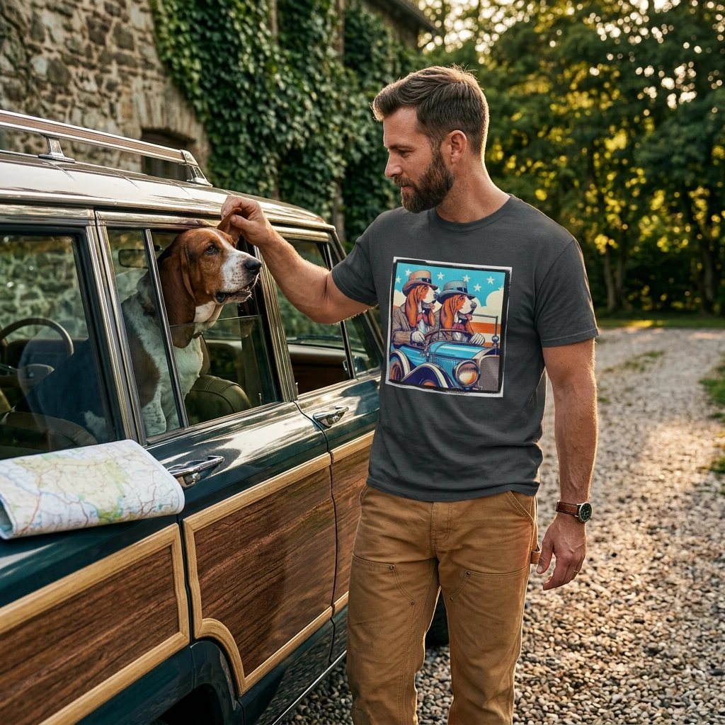 Wacky Basset Hounds In Old Car Driving T Shirt For Dog Lovers Classic Charm Design T-Shirt Printify