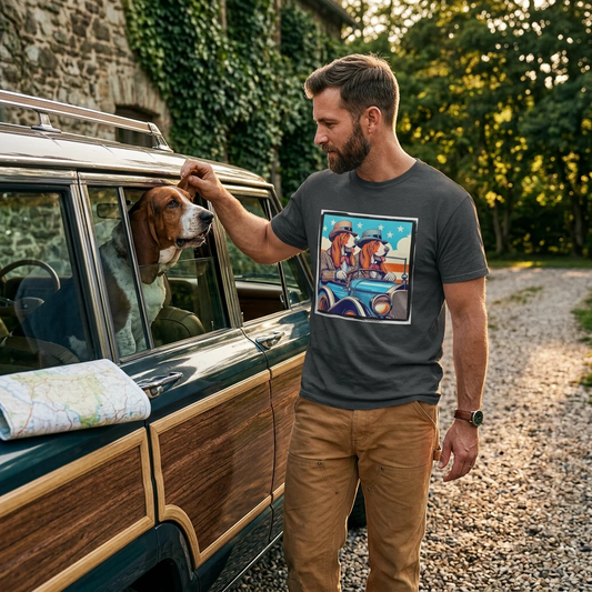 Wacky Basset Hounds In Old Car Driving T Shirt For Dog Lovers Classic Charm Design T-Shirt Printify