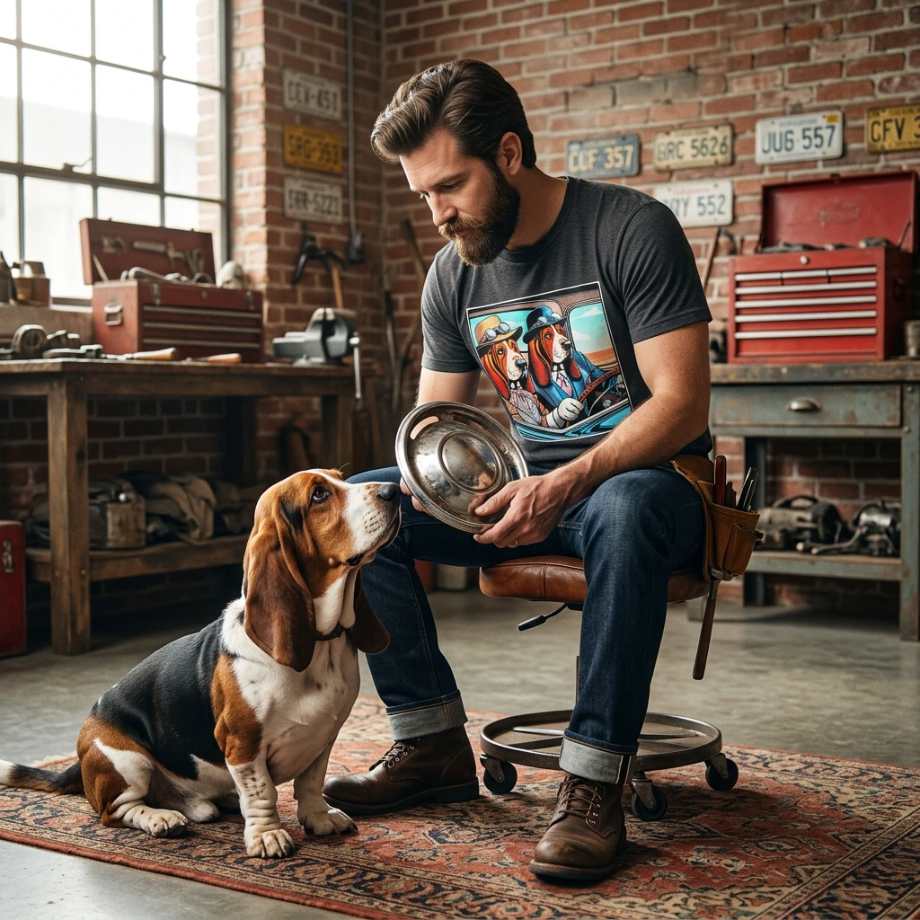 Wacky Basset Hound Boy Dogs In Old Car T-Shirt Printify
