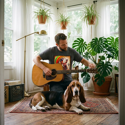 Basset Hound Playing Guitar Singing T Shirt For Dog Lovers Gift Cute Classic Charm Design T-Shirt Printify