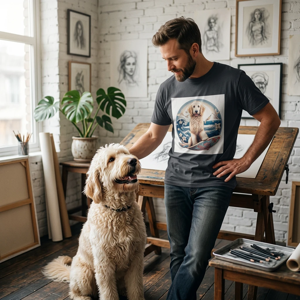 Golden Doodle flowery waves t shirt T-Shirt Printify