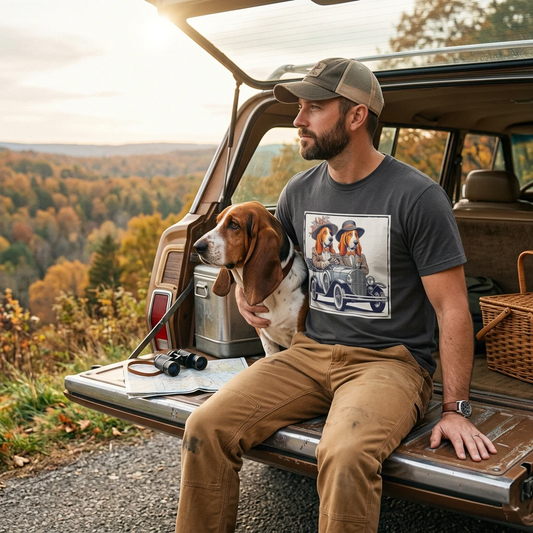 Wacky Basset Hound Couple Riding In An Old Car T Shirt Design For Dog Lovers Everywhere T-Shirt Printify