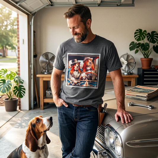 Humorous Wacky Basset Hound T Shirt Sunday Driving Old Car Design for Beloved Basset Lovers T-Shirt Printify