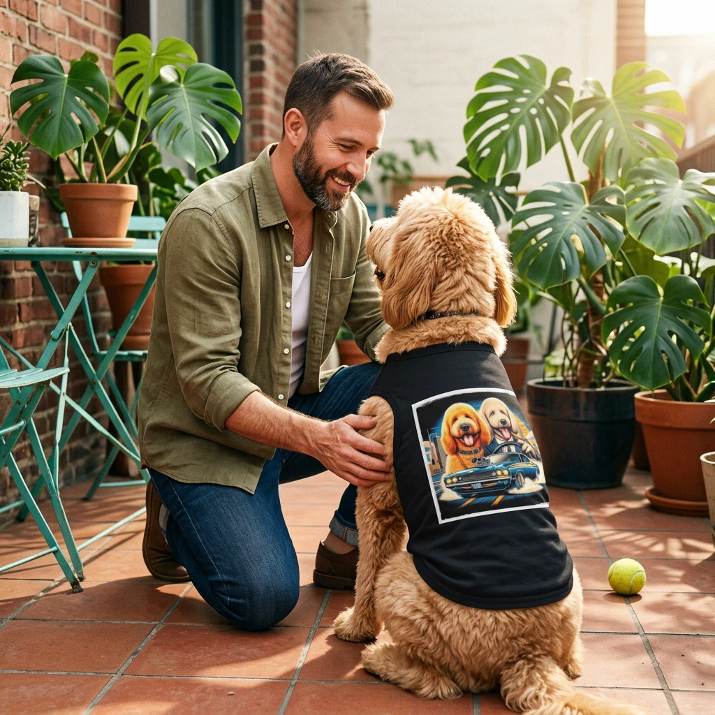 Pet Tank Golden Doodle driving fun t shirt Pets Printify