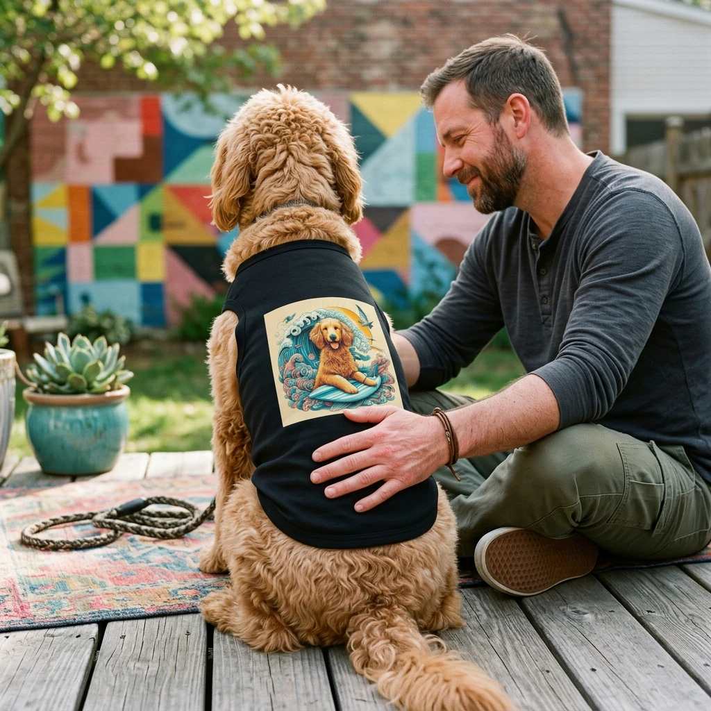 Pet Tank Golden Doodle blue waves t shirt Pets Printify