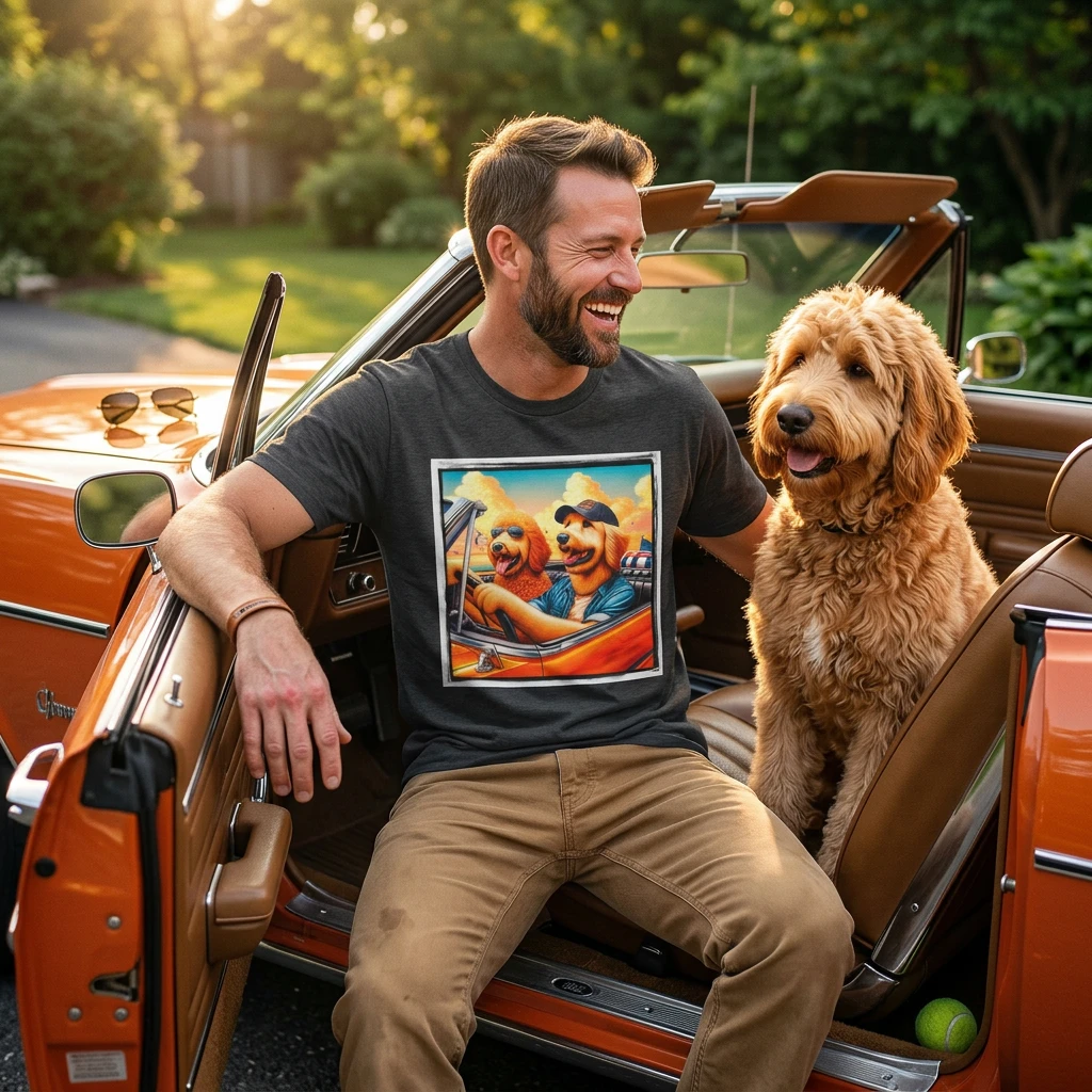 Wacky Golden Doodle driving frirnds T-Shirt Printify