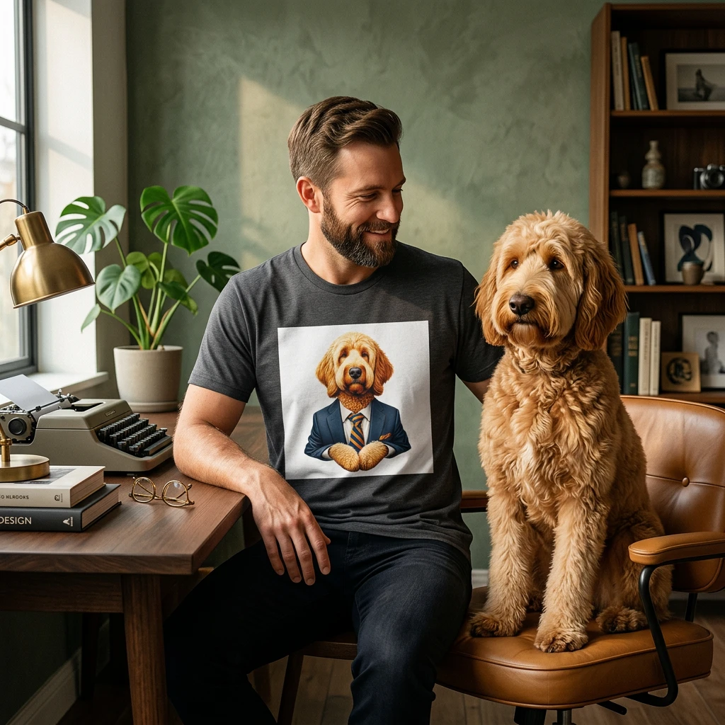 Golden Doodle sitting businessman T-Shirt Printify