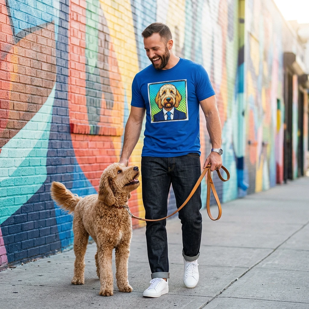Golden Doodle blue suit t shirt T-Shirt Printify