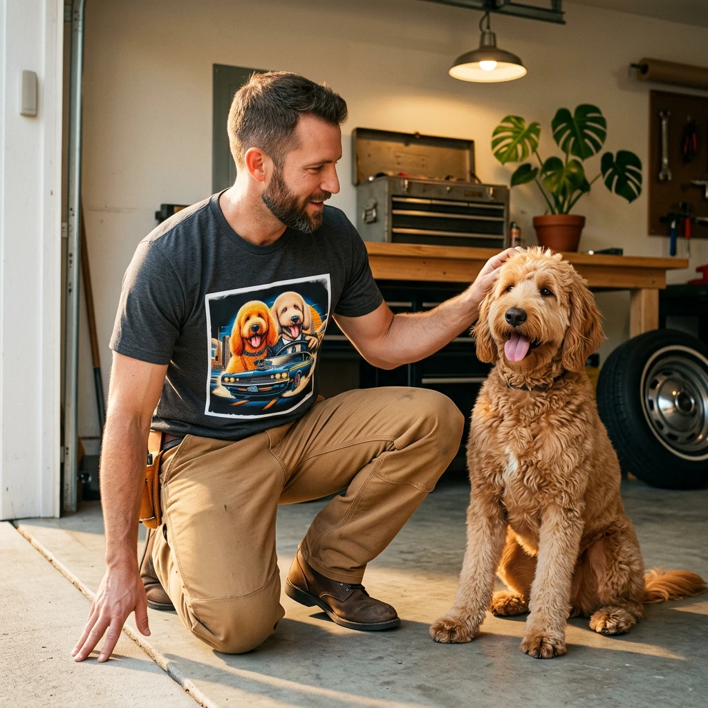 Golden Doodle cool car t shirt T-Shirt Printify