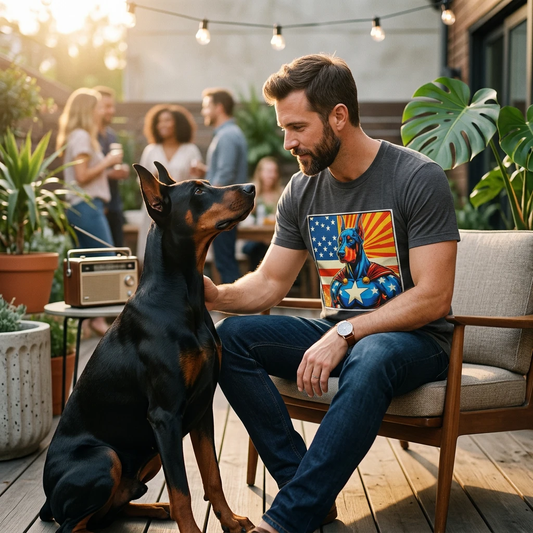Doberman American superhero t shirt T-Shirt Printify