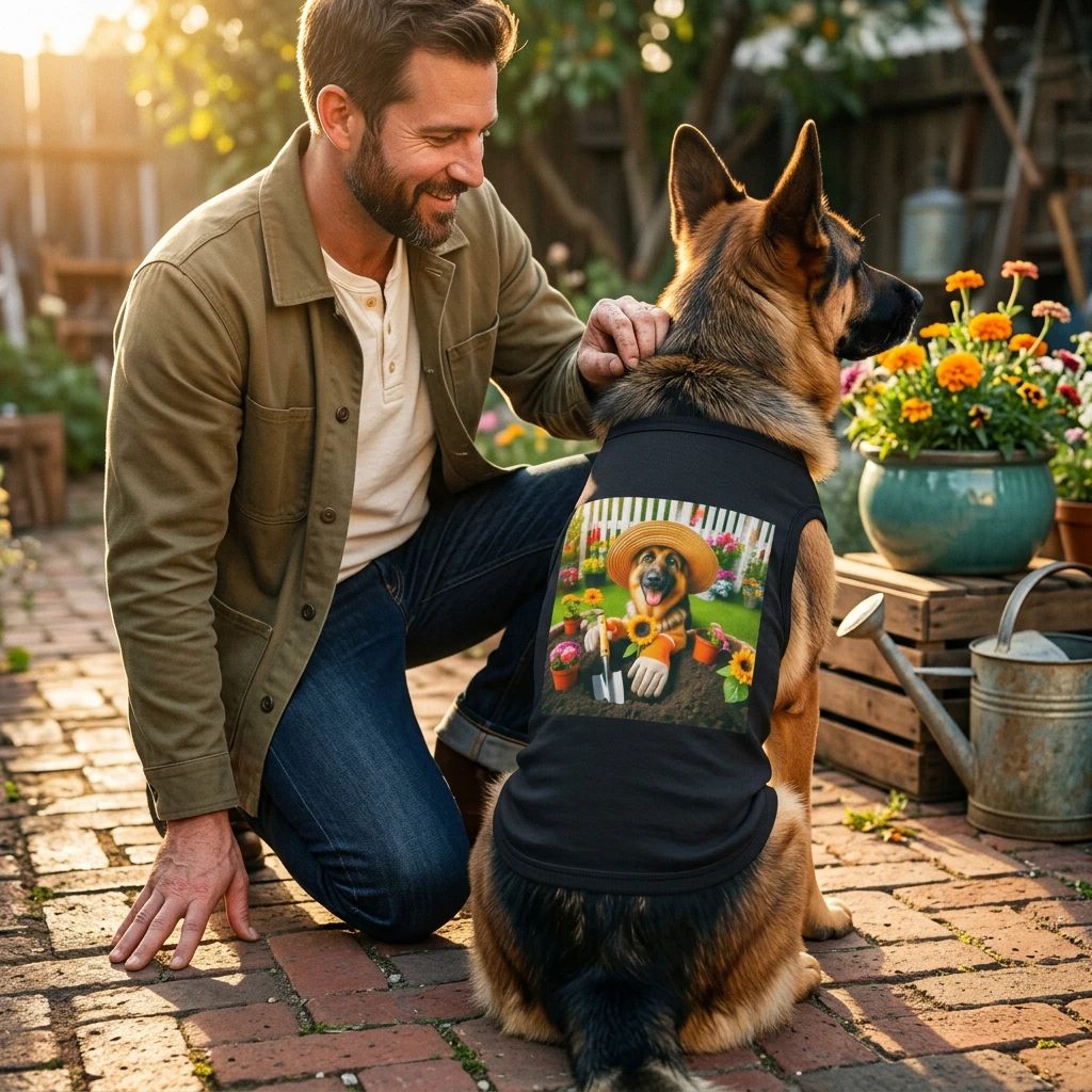 German Shepherd Happy Gardener Pet Tank Top Pets Printify