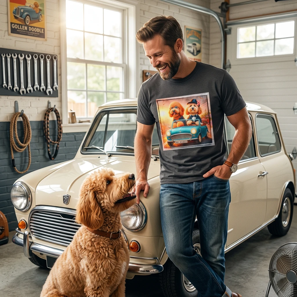 Wacky Golden Doodle tiny car shirt T-Shirt Printify
