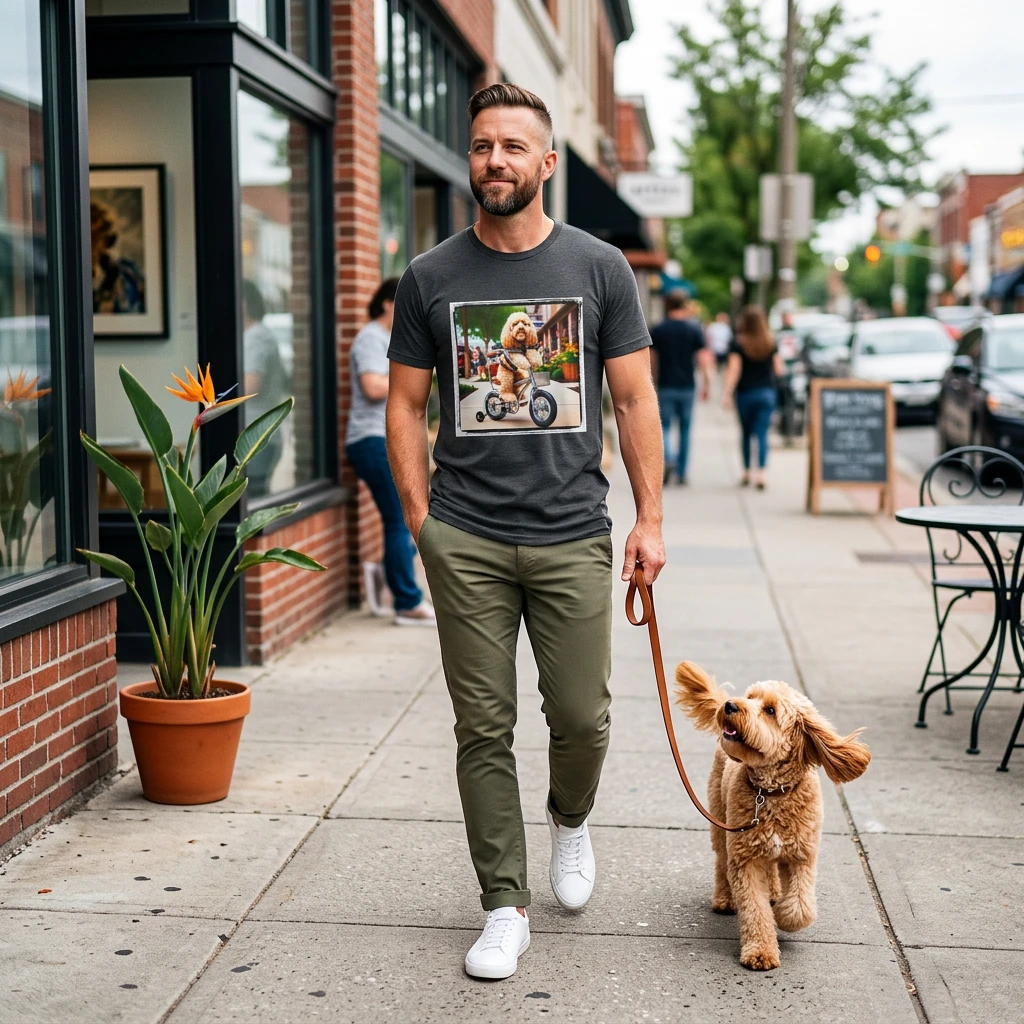 CockerPoo trike riding t shirt T-Shirt Printify