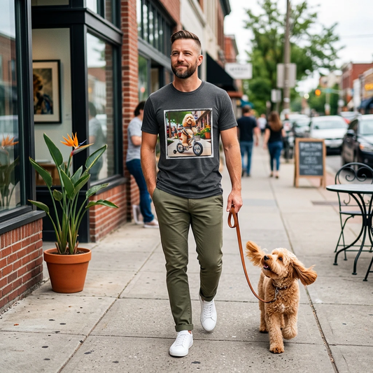 CockerPoo trike riding t shirt T-Shirt Printify