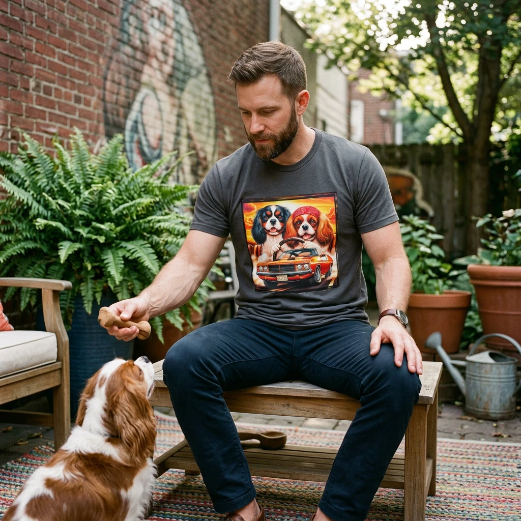 Cavalier King Charles Spaniel Hippie Couple Dogs In Car T Shirt Tee For Dog Lovers Gift T-Shirt Printify