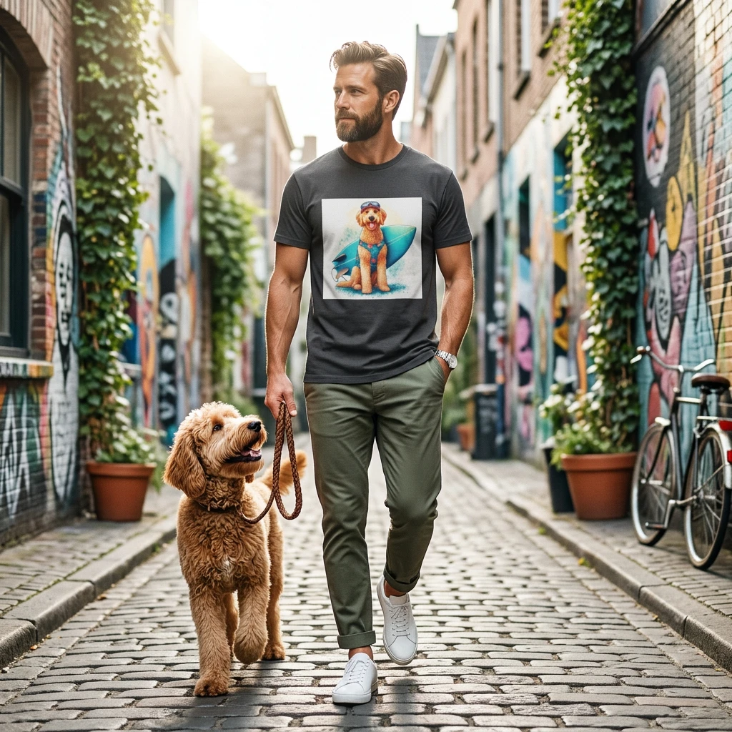 Golden Doodle surfer dude t shirt T-Shirt Printify