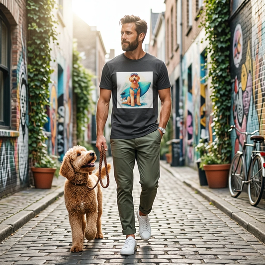 Golden Doodle surfer dude t shirt T-Shirt Printify