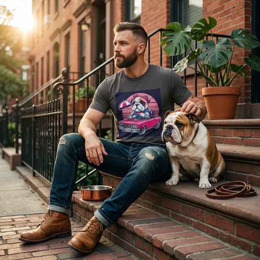 Humorous Wacky Bulldog Baby Driving Cartoon T Shirt For Dog Lovers English Bulldog Gift Idea T-Shirt Printify