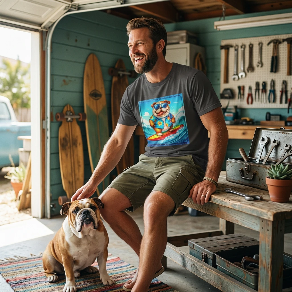 Bulldog Surfing Fun T Shirt For Dog Lovers Unisex Casual Wear Gift Idea Birthday Present T-Shirt Printify