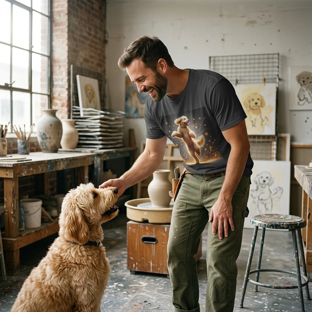 Dancing Golden Doodle T Shirt For Dog Lovers Whimsical Dancing Doodle Tee Soft Cotton Everyday Wear T-Shirt Printify