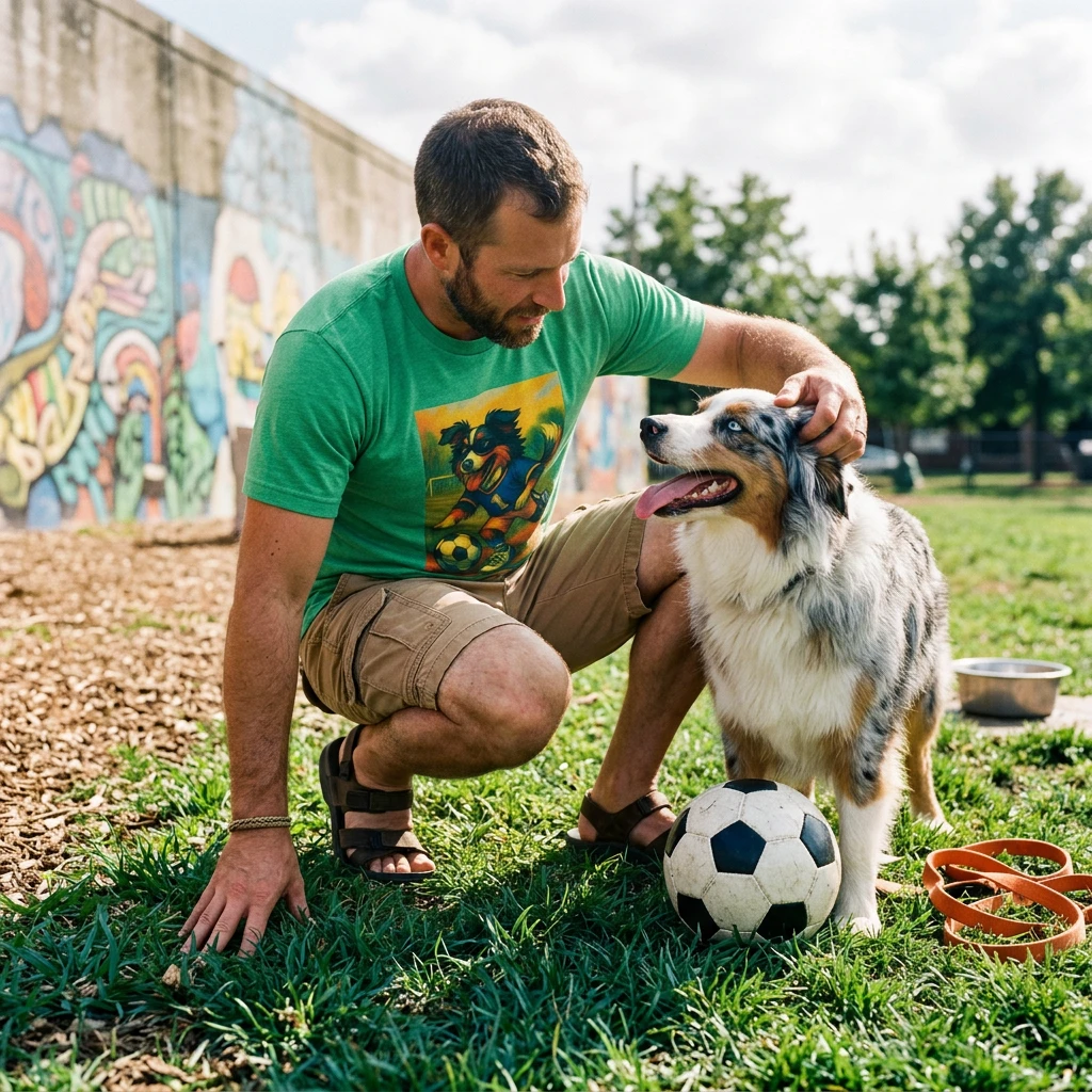 Australian Shepherd Soccer Unisex T Shirt Graphic Featuring Playful Dog Chasing Ball For Soccer Lovers T-Shirt Printify